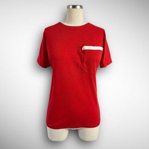 vtg 70s red pocket tee shirt w/ white double collar women’s L single stitch